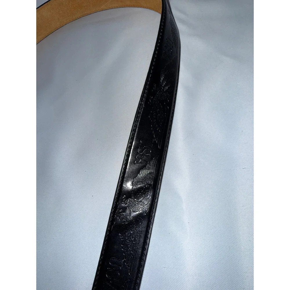 Vintage USA Eagle Embossed Genuine Leather Belt Black Silver Buckle Size 44 9625